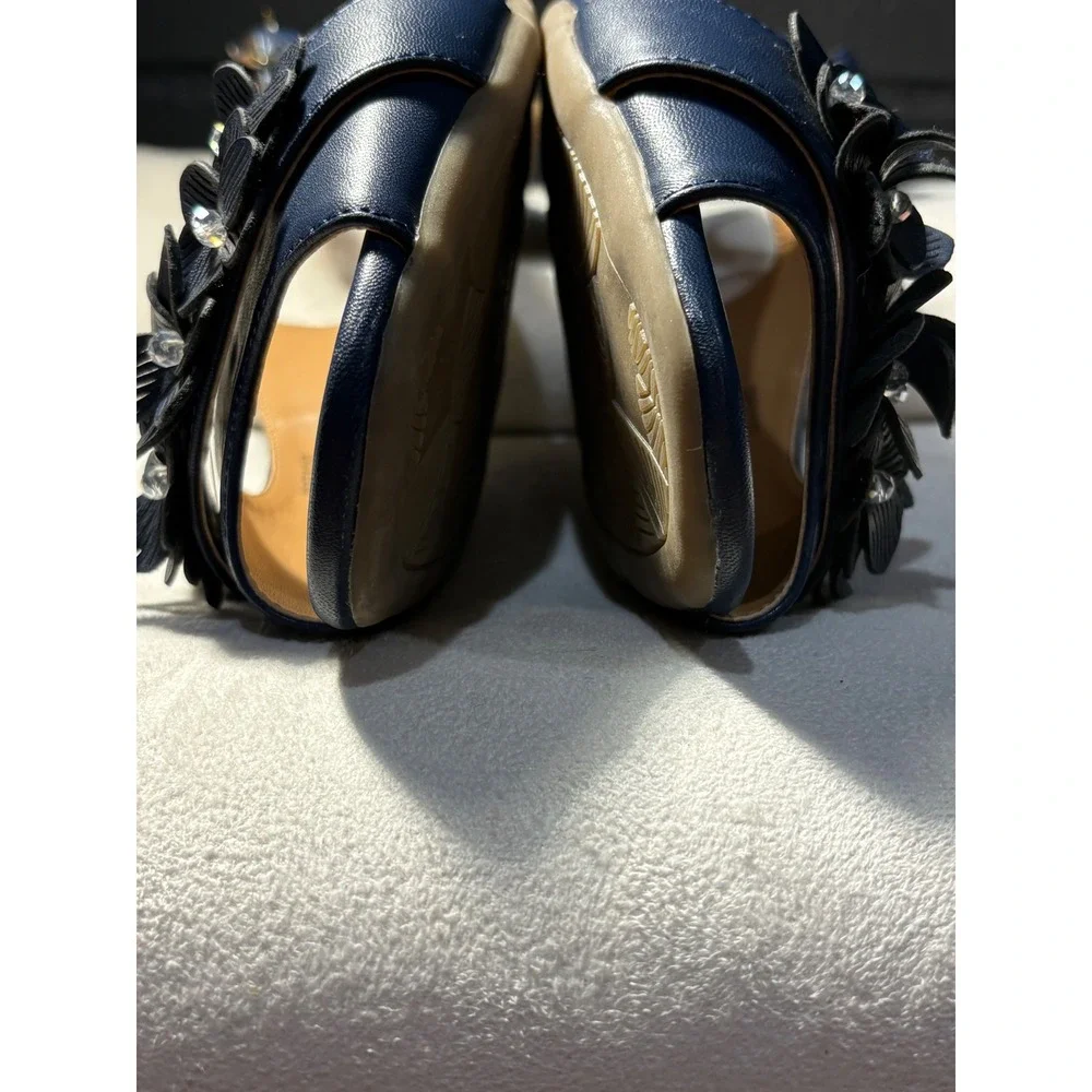 Comfortview Navy Blue Floral Peep Toe Slingback Wedge Sandals Womens 10W